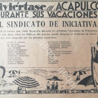 CARTEL ANTIGUO ORIGINAL DE SECRETARIA DE TURISMO ,SINDICATO DE INICIATIVA, ACAPULCO 1930s /492