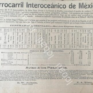 CARTEL ANTIGUO ORIGINAL DE FERROCARRIL INTEROCEANICO DE MEXICO 1894 /480 MUY RARO