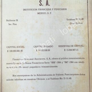 CARTEL ANTIGUO ORIGINAL DE BONOS DE FINANCIERA NACIONAL AZUCARERA 1964 /167