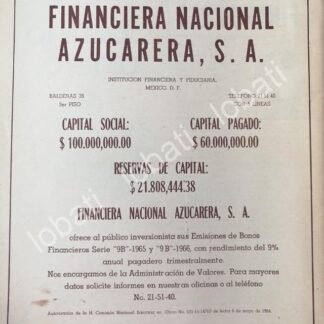 CARTEL ANTIGUO ORIGINAL DE BONOS DE FINANCIERA NACIONAL AZUCARERA 1964 /166