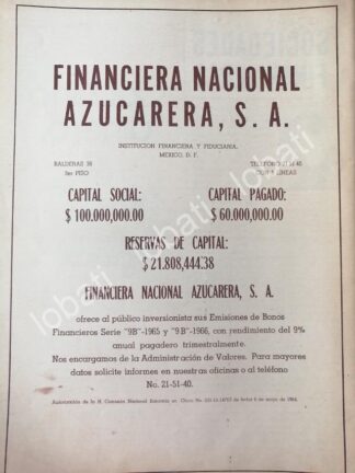CARTEL ANTIGUO ORIGINAL DE BONOS DE FINANCIERA NACIONAL AZUCARERA 1964 /166