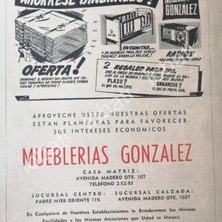CARTEL ANTIGUO ORIGINAL DE MUEBLERIA GONZALEZ 1953 /441 MONTERREY