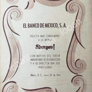 CARTEL ANTIGUO ORIGINAL DE EL BANCO DE MEXICO FELICITA A LA REVISTA SIEMPRE 1956 /150
