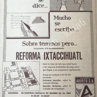 CARTEL ANTIGUO ORIGINAL DE INICIOS DE LA COLONIA REFORMA IXTACCIHUATL 1956 ABURTO S.A 393