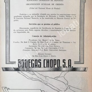 CARTEL ANTIGUO ORIGINAL DE TIENDA. BODEGAS CHOPO S.A (MONTE DE PIEDAD ) 1946 /498