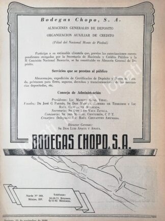 CARTEL ANTIGUO ORIGINAL DE TIENDA. BODEGAS CHOPO S.A (MONTE DE PIEDAD ) 1946 /498