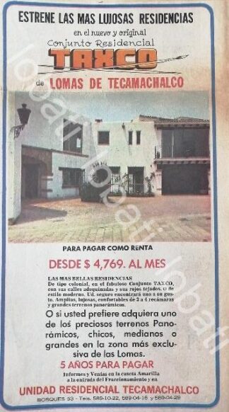 CARTEL ANTIGUO ORIGINAL DE INICIOS DE LA COLONIA LOMAS DE TECAMACHALCO 1969