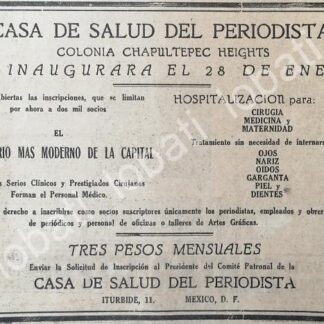 CARTEL ANTIGUO ORIGINAL DE INAUGURAN LA CLINICA DEL PERIODISTA 1922, /581 SUPER RARO 10+