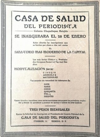 CARTEL ANTIGUO ORIGINAL DE INAUGURAN LA CLINICA DEL PERIODISTA 1922, /580 SUPER RARO 10+
