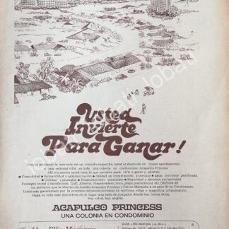 CARTEL ANTIGUO ORIGINAL DE INICIOS DE LA COLONIA ACAPULCO PRINCESS 1970s /575 MUY RARO