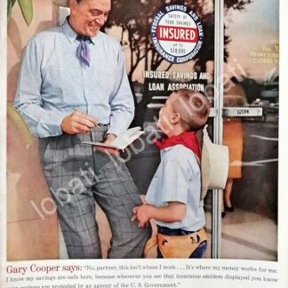 CARTEL ANTIGUO ORIGINAL DE GARY COOPER & ASEGURADORA INSURED SAVINGS & LOAN 1960s /570 FEP