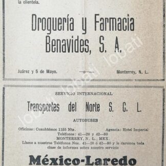 CARTEL ANTIGUO ORIGINAL DE FARMACIAS BENAVIDES 1943 Y TRANSPORTES DEL NORTE /569 MONTERREY