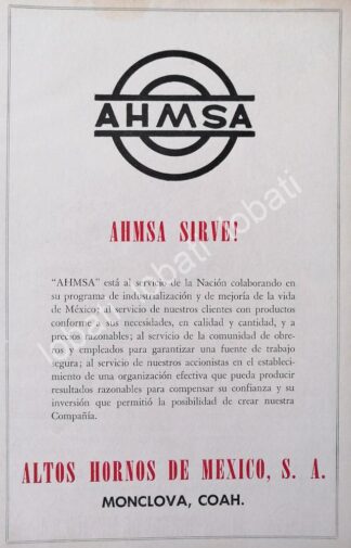 CARTEL ANTIGUO ORIGINAL DE MINI CARTEL ALTOS HORNOS DE MEXICO S.A 1940s /594