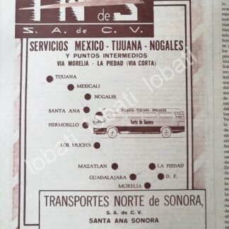 CARTEL ANTIGUO ORIGINAL DE TRANSPORTES NORTE DE SONORA S.A 1960s / 532