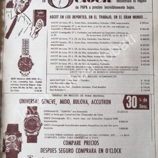 CARTEL ANTIGUO ORIGINAL DE RELOJERIA O´CLOCK 1967 /517 (INSURGENTES SUR 319)