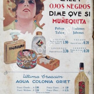 CARTEL ANTIGUO ORIGINAL DE PERFUME CHELA, OJOS NEGROS Y MUÑEQUITA 1930 /39