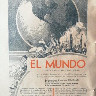 CARTEL ANTIGUO ORIGINAL DE AFICHE DEL DIARIO EL MUNDO 1950 TAMAULIPAS /68