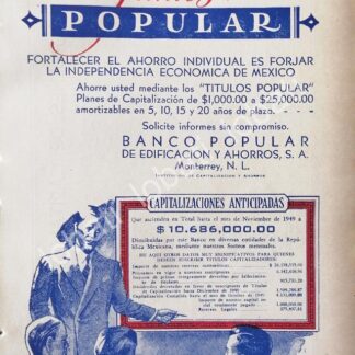 CARTEL ANTIGUO ORIGINAL DE BANCO PUPULAR DE EDIFICACION. MONTERREY 1950 /219