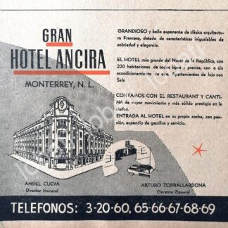CARTEL ANTIGUO ORIGINAL DE MINI AFICHE. HOTEL ANCIRA 1955 / 279