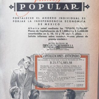 CARTEL ANTIGUO ORIGINAL DE BANCO PUPULAR DE EDIFICACION. MONTERREY 1950 /218