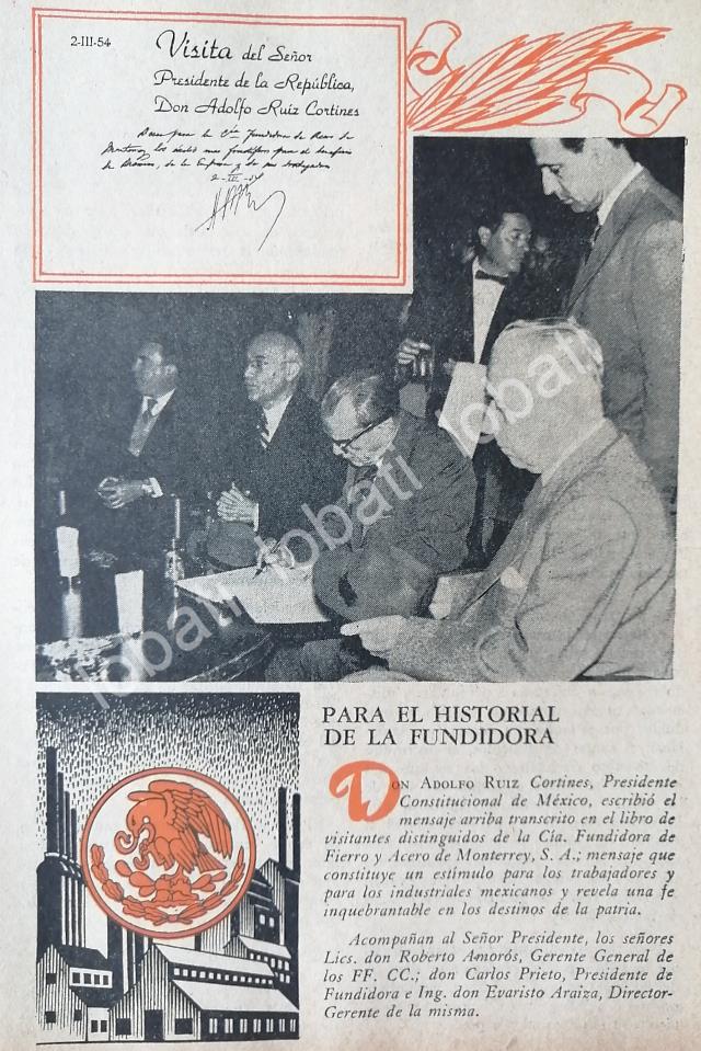 CARTEL ANTIGUO ORIGINAL DE EL PRESIDENTE RUIZ CORTINES EN LA FUNDIDORA MONTERREY 1955 - Imagen 3
