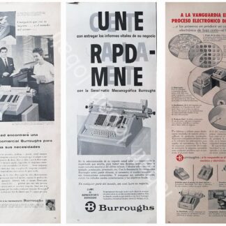 CARTEL ANTIGUO ORIGINAL DE SET DE 3 AFICHES, SUMADORAS BURROUGHS & REMINGTON 1950s /253