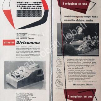 CARTEL ANTIGUO ORIGINAL DE SET DE 2 AFICHES, SUMADORAS OLIVETTI & REMINGTON 1950s /249