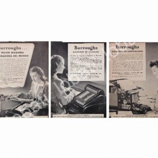 CARTEL ANTIGUO ORIGINAL DE SET DE 3 AFICHES SUMADORAS Y REGISTRADORAS BURROUGHS AÑOS 40s-50s /248