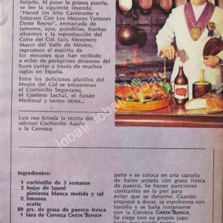 CARTEL ANTIGUO ORIGINAL DE CERVEZA CARTA BLANCA Y RESTAURANT MESON DEL CID 1970s /167