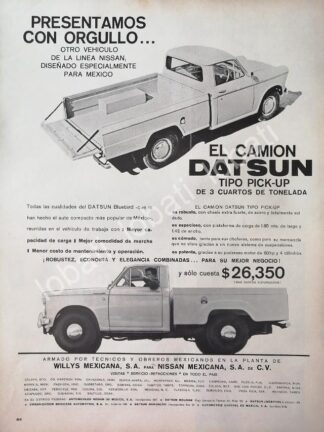 CARTEL ANTIGUO ORIGINAL DE AUTOS PICKUP WILLYS. NISSAN DATSUN BLUEBIRD 1961 / 806
