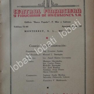 CARTEL ANTIGUO ORIGINAL DE BANCO CENTRAL FINANCIERA Y FIDUCIARIA MONTERREY 1943 /220