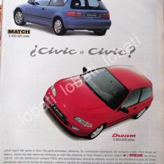 CARTEL ANTIGUO ORIGINAL DE PUBLICIDAD RETRO DE AUTOS HONDA CIVIC 1991 / 869