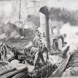 GRABADO ANTIGUO 1898 GUERRA NAVAL, DISPARANDO UN TORPEDO. MLT