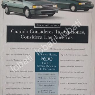 CARTEL ANTIGUO ORIGINAL DE AUTOS TOYOTA TERCEL 1994 /988