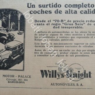 CARTEL ANTIGUO ORIGINAL DE MINI CARTEL AUTOS WILLYS KNIGHT 70B 1929 /981 SUPER RARO