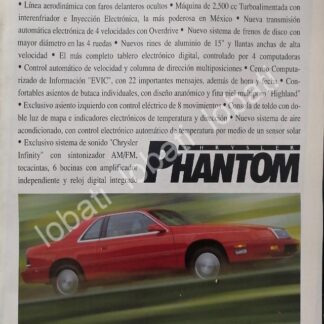 CARTEL ANTIGUO ORIGINAL DE AUTOS CHRYSLER PHANTOM 1991 /942