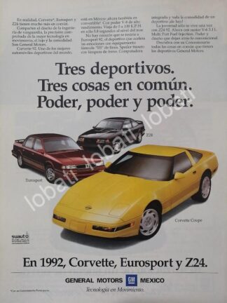 CARTEL ANTIGUO ORIGINAL DE AUTOS CHEVROLET CORVETTE Y OTROS 1992 /925
