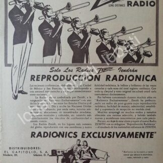 CARTEL ANTIGUO ORIGINAL DE RADIOS ZENITH RADIONIC 1947 /402 RARO