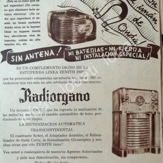 CARTEL ANTIGUO ORIGINAL DE RADIOS RADIORGANO ZENITH 1939 /398 RARO