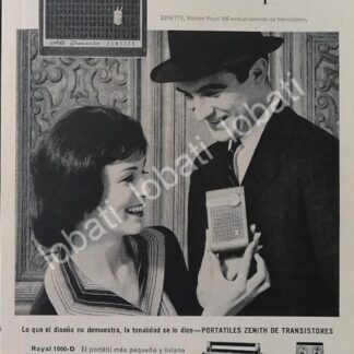 CARTEL ANTIGUO ORIGINAL DE RADIOS DE BOLSILLO ZENITH ZENETTE ROYAL 100 1960 /373