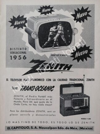 CARTEL ANTIGUO ORIGINAL DE MINI TELEVISOR Y RADIOS ZENITH TRANSOCEANICO 1950s / 279