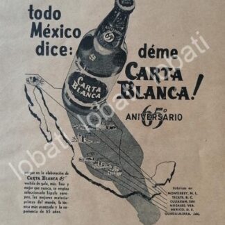 CARTEL ANTIGUO ORIGINAL DE CERVEZA CARTA BLANCA 65 ANIVERSARIO 1955 /230 CERVECERIA CUAUHTEMOC