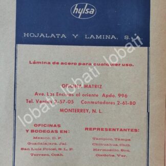CARTEL ANTIGUO ORIGINAL DE HYLSA. HOJA LATA Y LAMINA DE MONTERREY 1964. /747