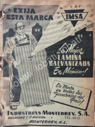 CARTEL ANTIGUO ORIGINAL DE LAMINA IMSA. INSDUSTRIAS MONTERREY 1953 /738
