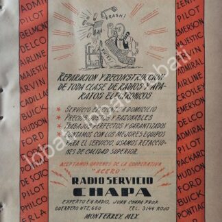 CARTEL ANTIGUO ORIGINAL DE TALLER DE REPARACION RADIO SERVICIO CHAPA 1947 /735 DE JUAN CHAPA