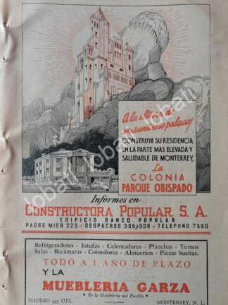 CARTEL ANTIGUO ORIGINAL DE INICIOS DE LA COLONIA PARQUE OBISPADO MONTERREY 1947. /730