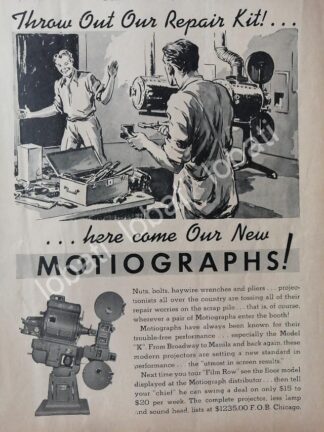 CARTEL ANTIGUO ORIGINAL DE PROYECTOR PARA CINES MOTIOGRAPH "K" 1937 /534 MUY RARO