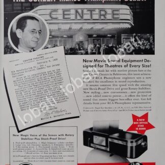 CARTEL ANTIGUO ORIGINAL DE EQUIPO DE PRYECCION PARA CINE RCA PHOTOPHONE 1939 /530 MUY RARO