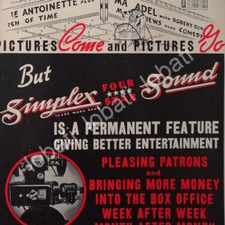 CARTEL ANTIGUO ORIGINAL DE PROYECTOR DE CINE SIMPLEX SOUND PARA TEATROS 1939 /527 MUY RARO