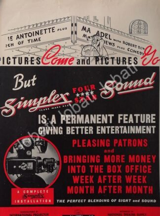 CARTEL ANTIGUO ORIGINAL DE PROYECTOR DE CINE SIMPLEX SOUND PARA TEATROS 1939 /527 MUY RARO
